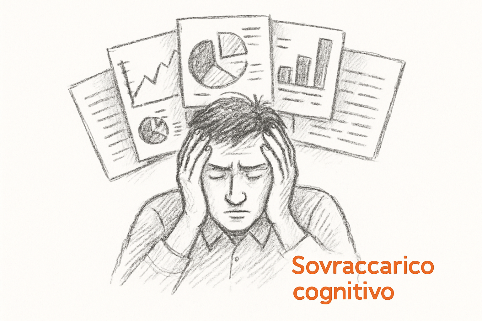 concetto di carico cognitivo nella data literacy, cervello sovraccarico da grafici e report aziendali sovrapposti