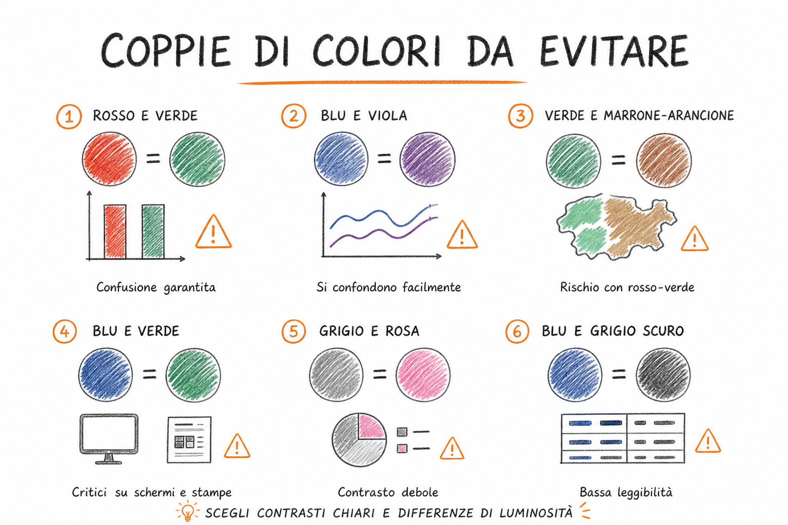 Schema delle coppie di colori per grafici da evitare e quelle accessibili, confronto visivo per daltonismo.