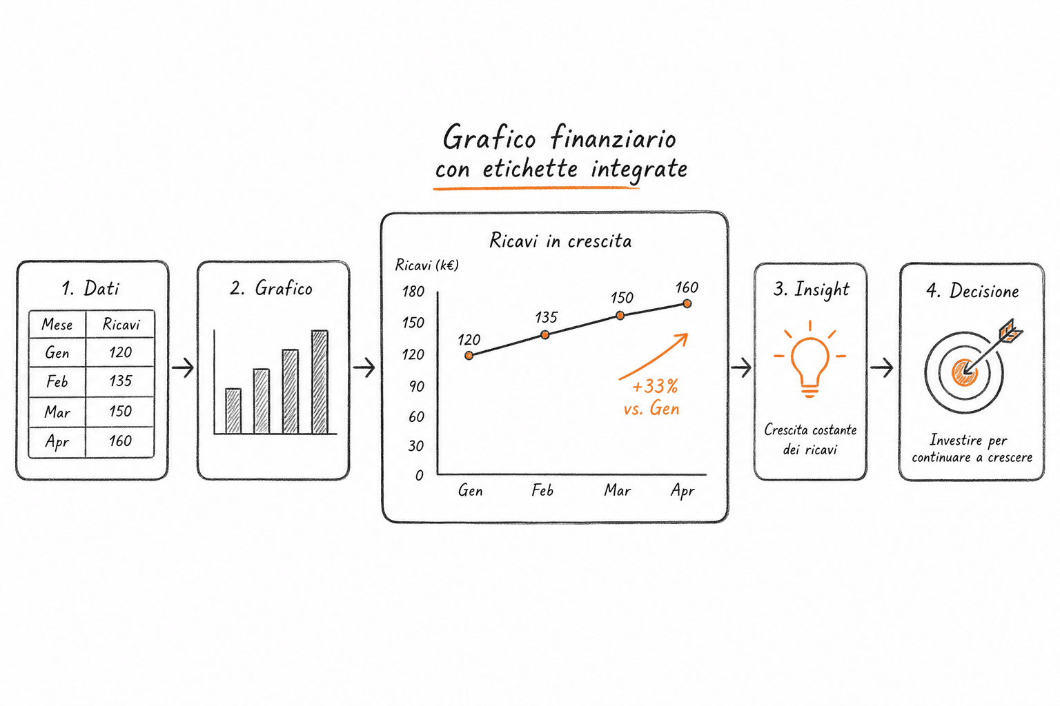 Grafico finanziario con etichette integrate sulle curve, esempio di data storytelling con principi Gestalt applicati
