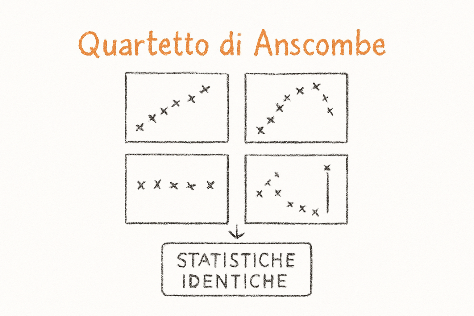 Quattro scatter plot con statistiche identiche ma forme diverse, il paradosso del quartetto di Anscombe nell'analisi dei dati.