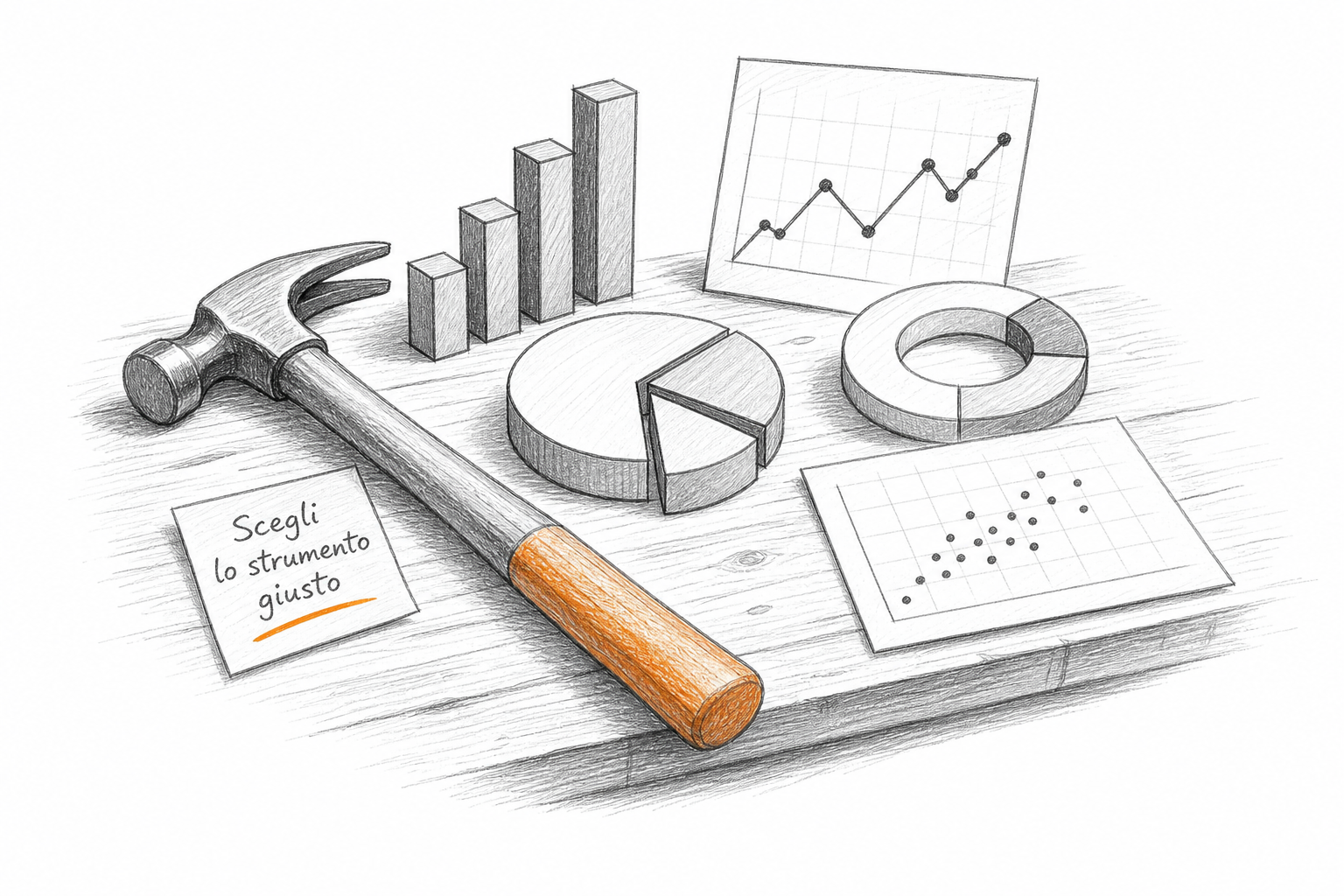 Concetto del bias del martello applicato agli strumenti data visualization: ogni tool spinge verso i propri default