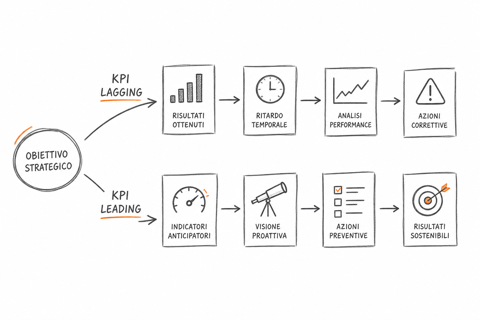 Rappresentazione concettuale di KPI aziendali lagging e leading come due percorsi temporali distinti su una linea del tempo.