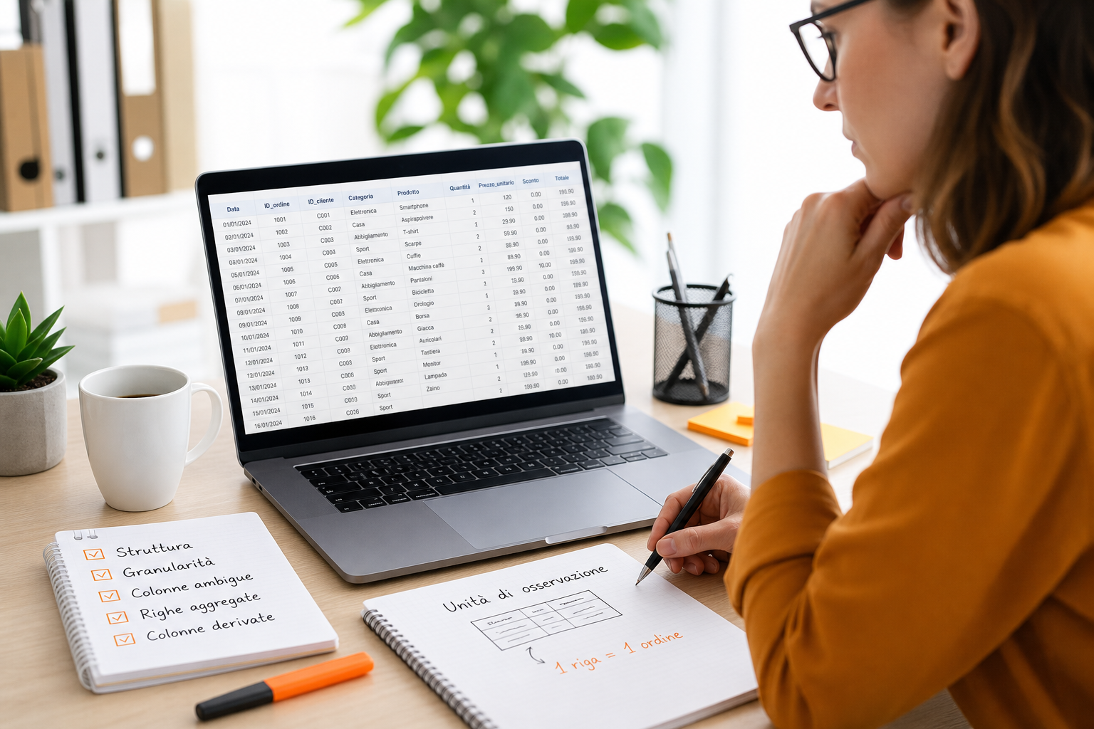 Schema concettuale di data cleaning: lente d'ingrandimento su dataset grezzo con colonne disordinate e tipi misti