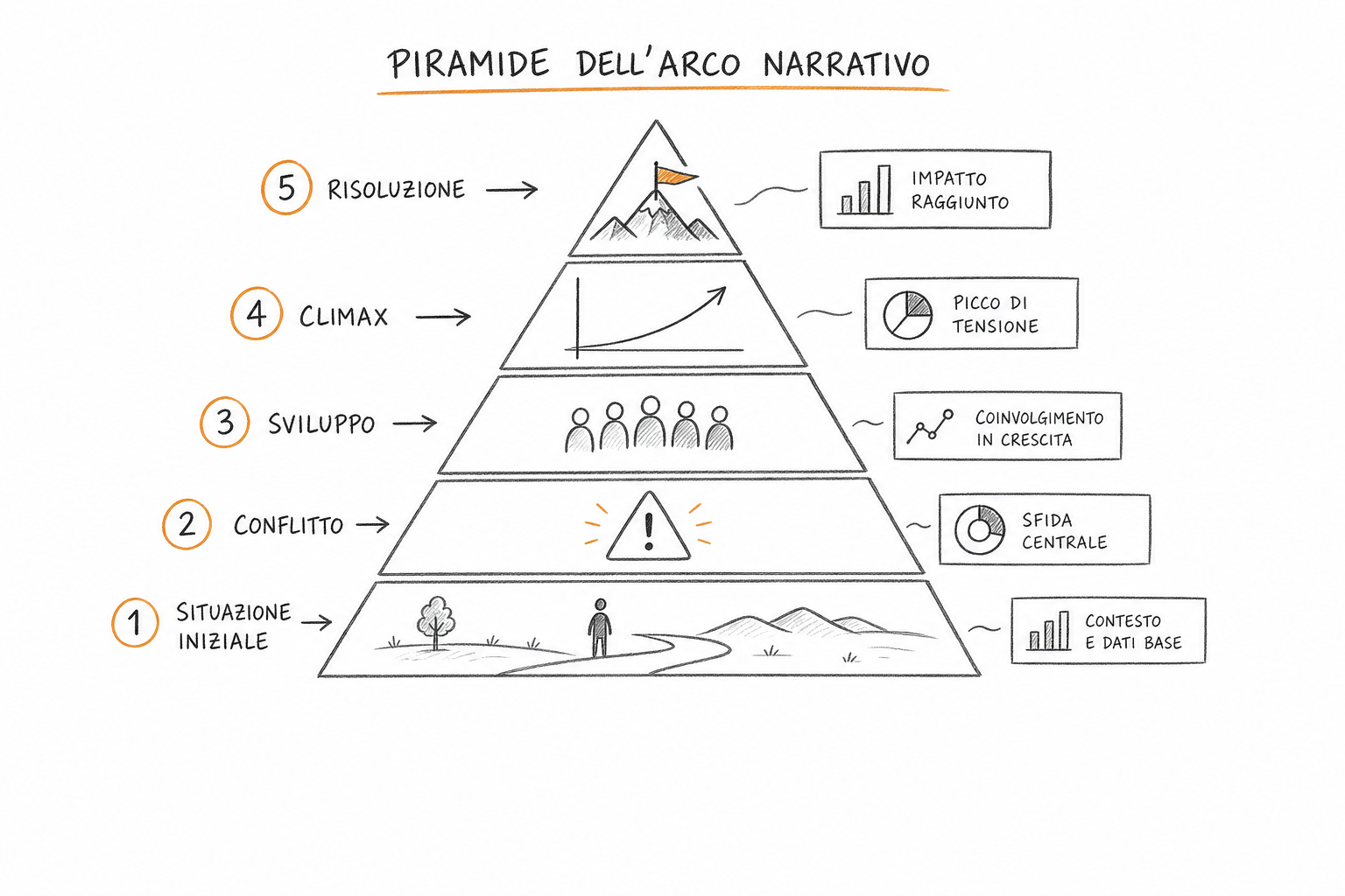 Piramide narrativa con i cinque stadi di Freytag applicati alla comunicazione dei dati e tecniche di narrazione