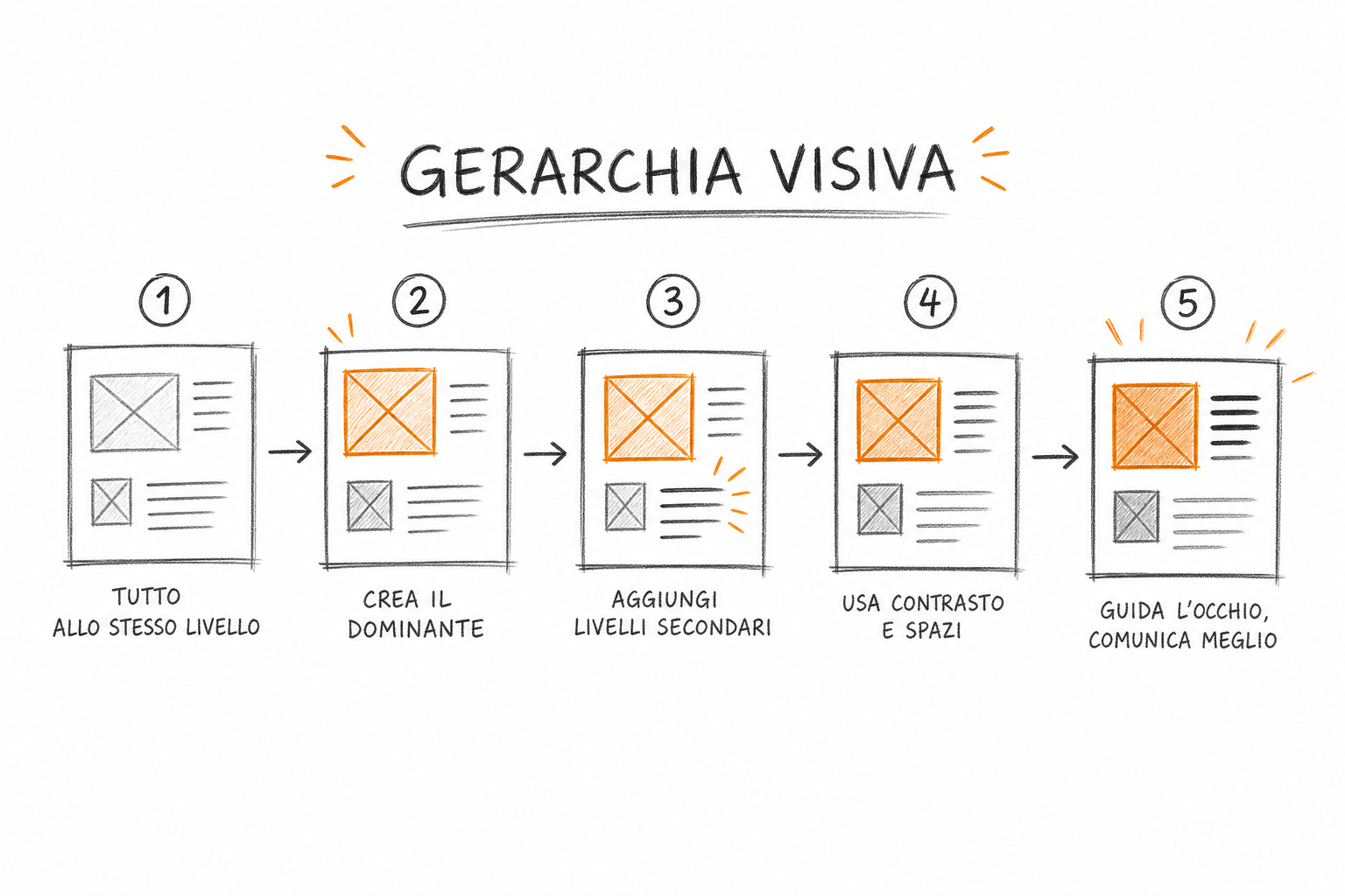 Schema di gerarchia visiva per infografica esempi: elemento dominante, supporto e sfondo in progressione