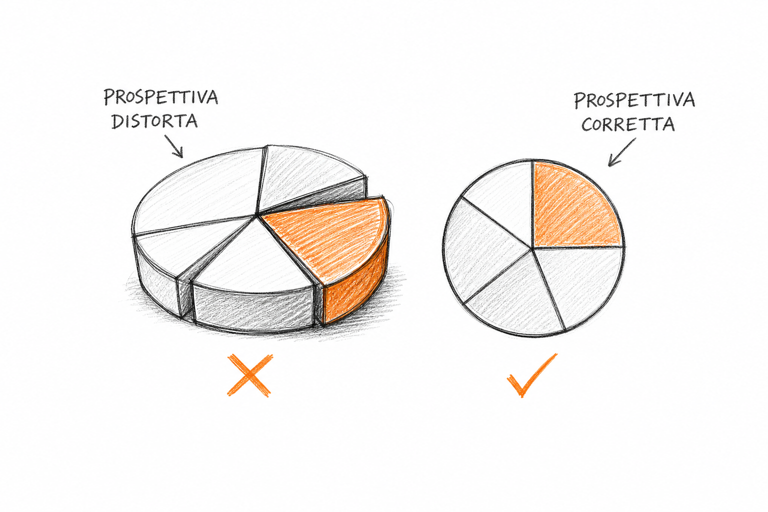 Concetto di grafico a torta 3D ingannevole con distorsione prospettica rispetto alla versione piatta corretta