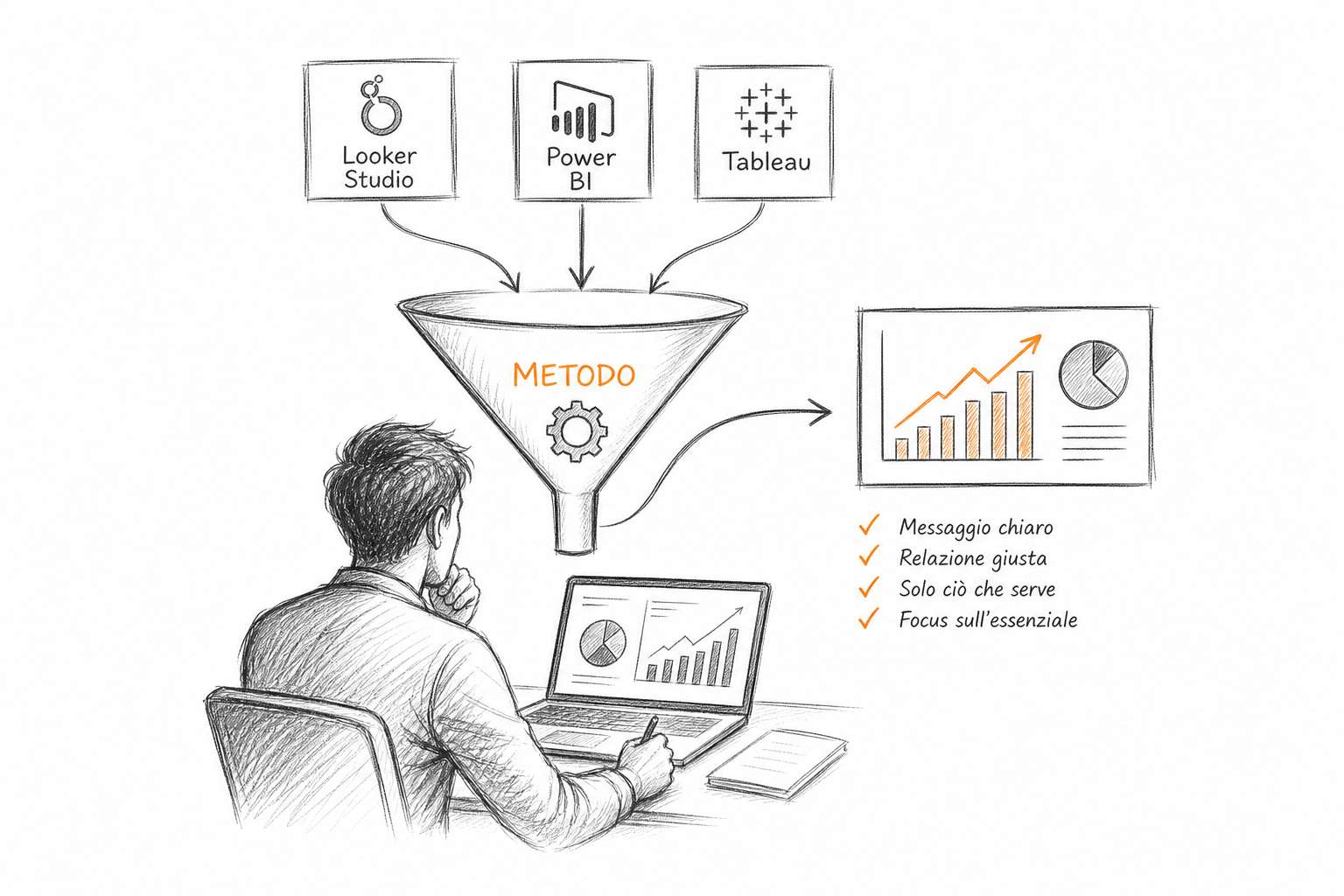 Analista che applica il metodo di data storytelling su strumenti business intelligence diversi.