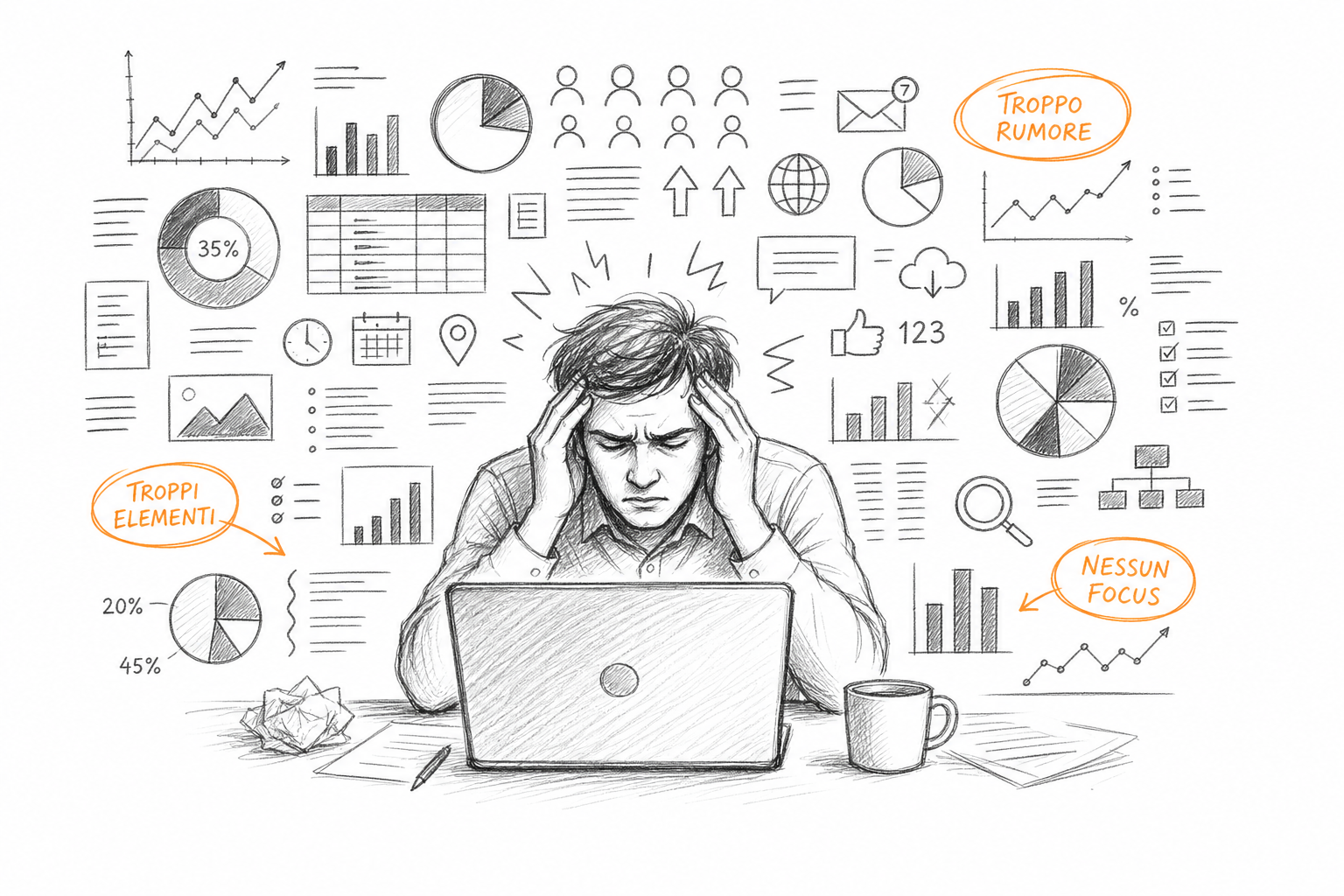Confronto concettuale tra infografica affollata e infografica efficace con messaggio chiaro e decluttering