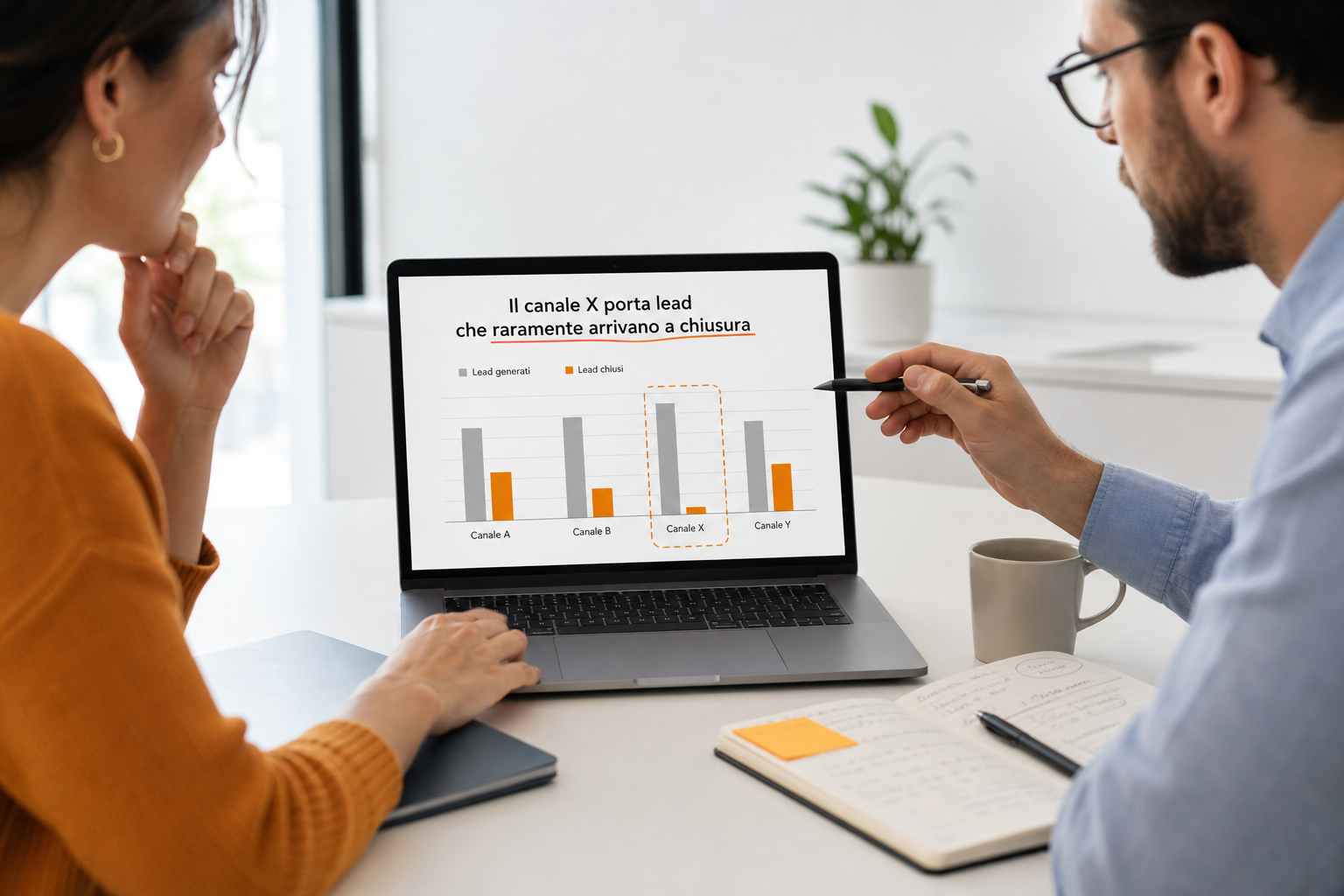 Confronto tra titolo descrittivo e titolo-insight in un grafico di data storytelling marketing per il management.