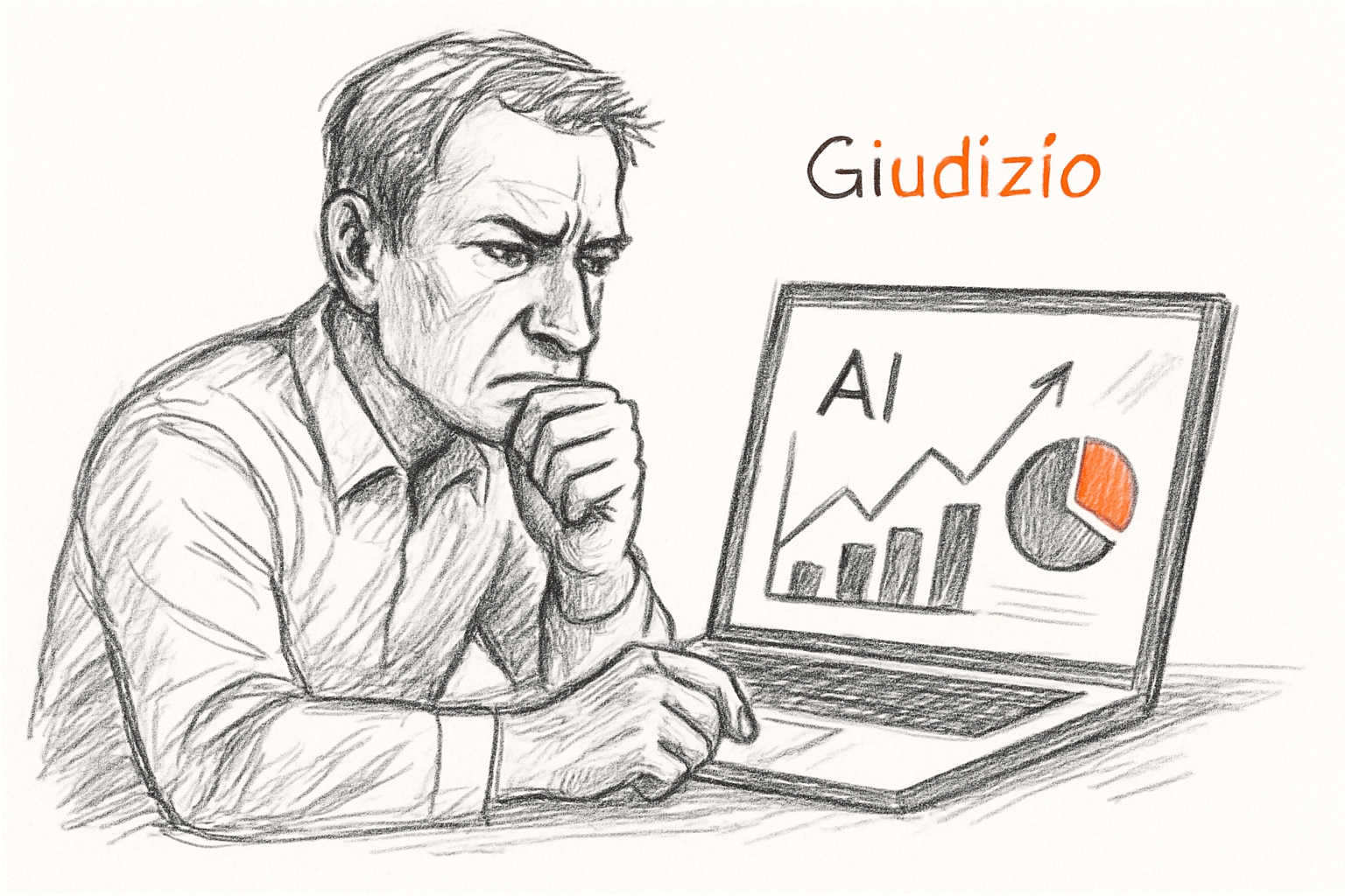 Analista che valuta criticamente un grafico generato dall'intelligenza artificiale nella data visualization, presidio del giudizio umano.