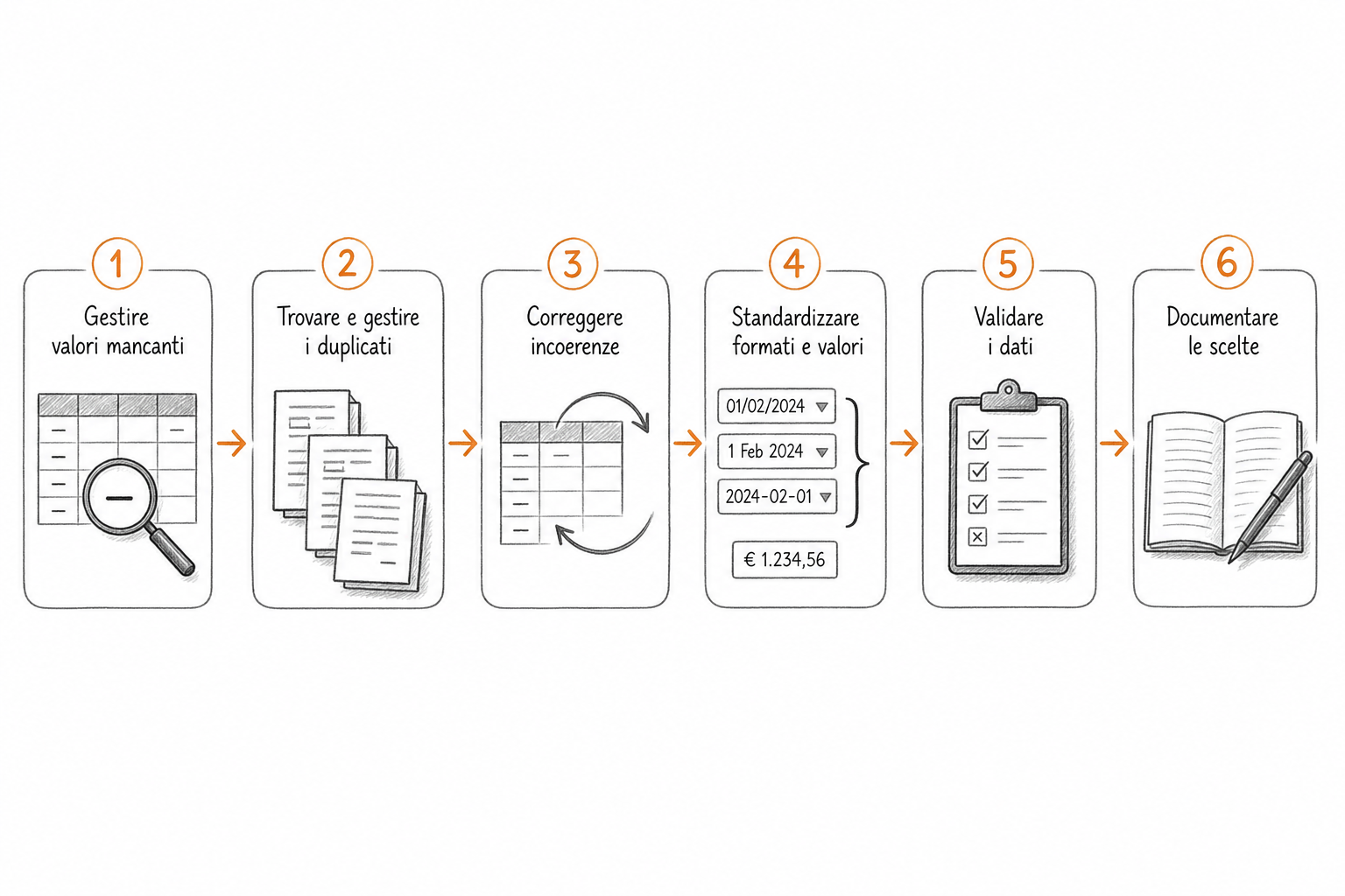 Diagramma del processo di data cleaning in sei passi dalla pulizia dei dati grezzi alla struttura pronta per la visualizzazione