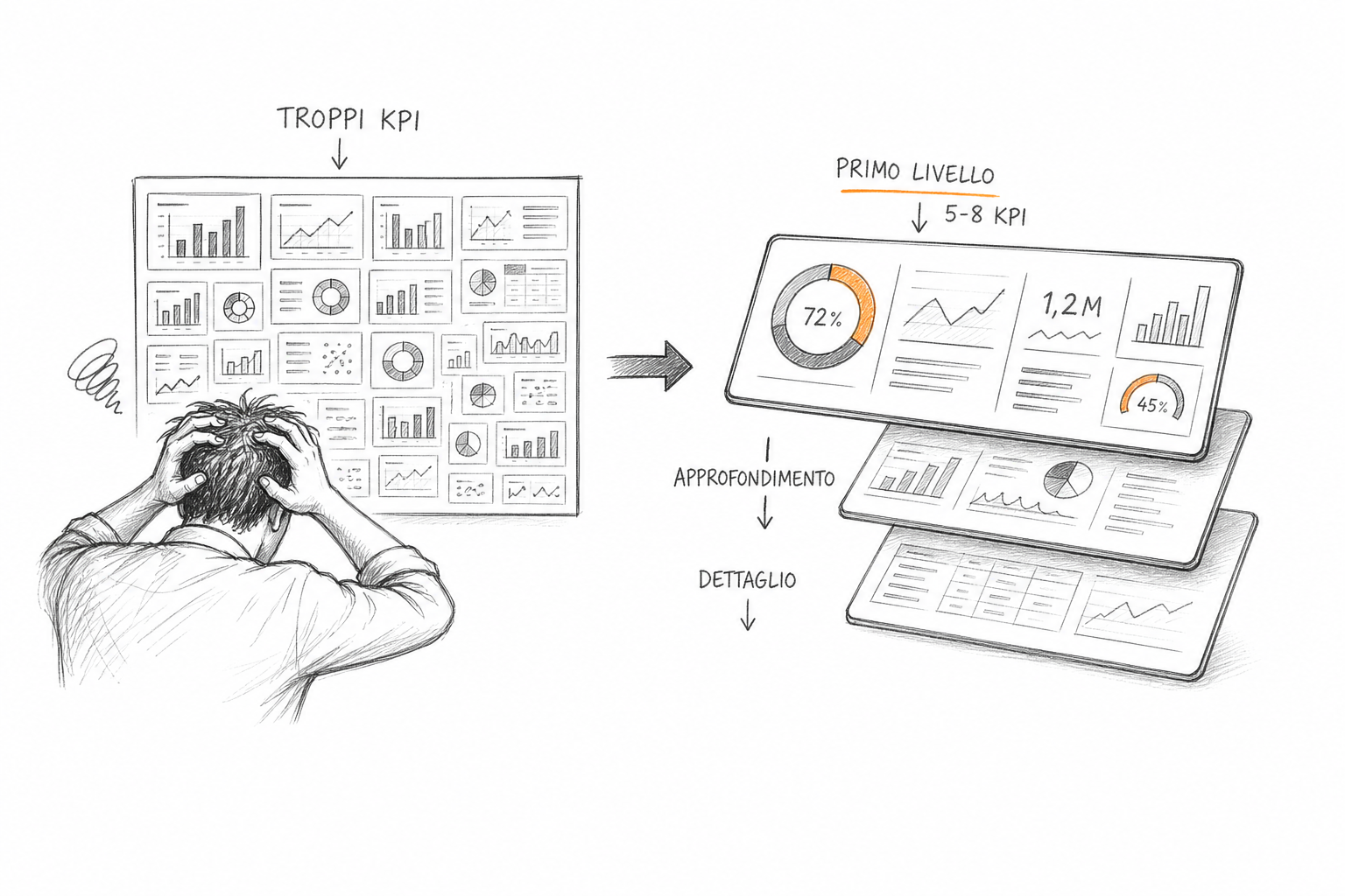 Concetto visivo di dashboard KPI aziendali sovraffollata con troppi indicatori che disperdono l'attenzione decisionale.