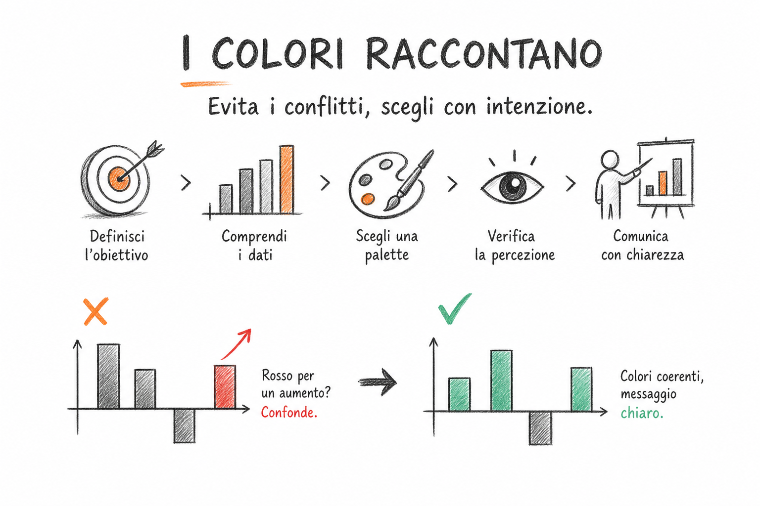 Esempio di grafici ingannevoli con colori incoerenti, freccia rossa su dato positivo che contraddice il messaggio