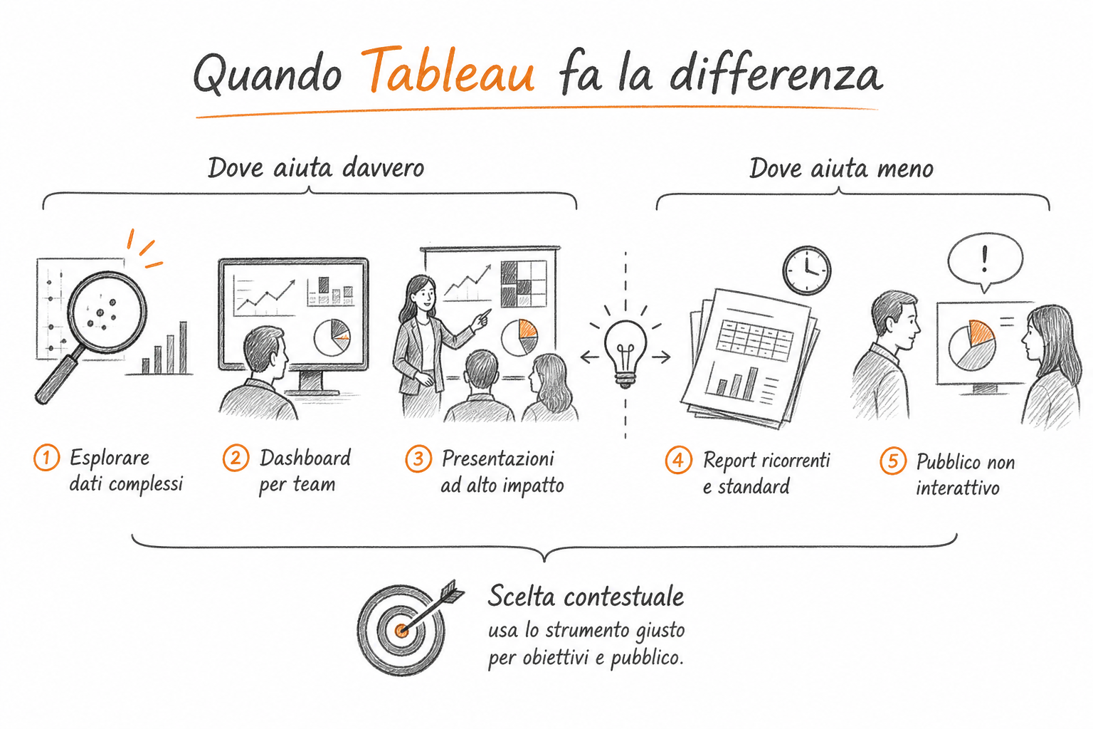 Schema decisionale per scegliere Tableau o alternative in base a ecosistema, costo e curva di apprendimento.