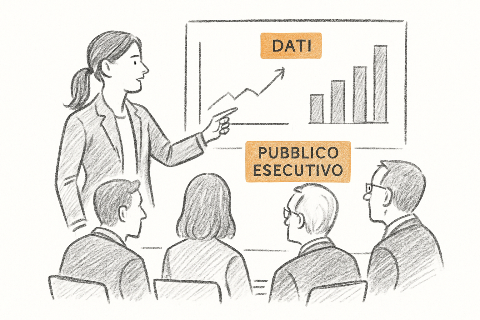 Professionista che presenta una narrativa dati chiara al management, competenza chiave del data analyst moderno.