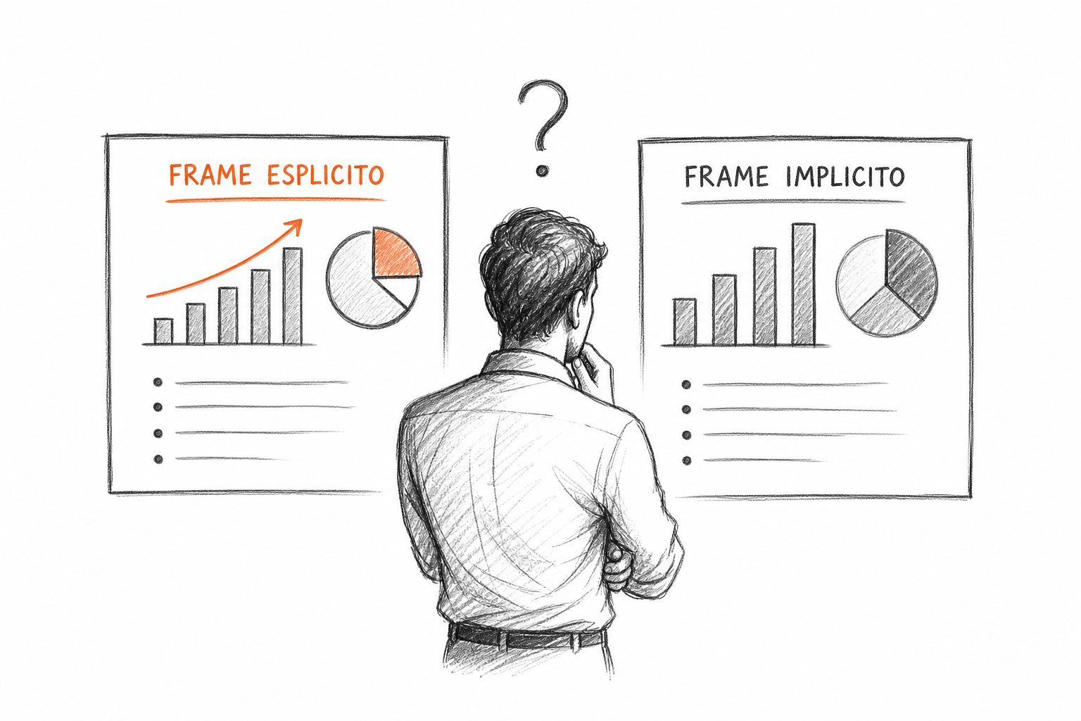 Concetto di framing nel data storytelling marketing: cornice esplicita vs implicita in un report al management.