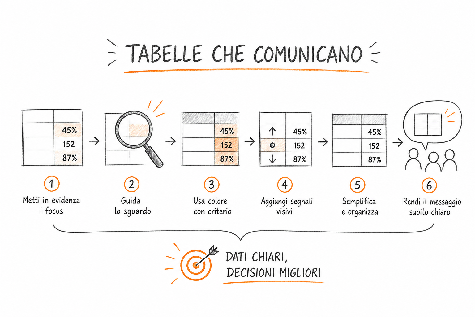 Tabella dati con formattazione condizionale e attributi preattentivi per focalizzare l'attenzione sui valori critici.