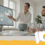Analista dati che lavora con l'intelligenza artificiale su grafici e dashboard di data visualization, collaborazione uomo-macchina.