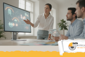 Analista dati che lavora con l'intelligenza artificiale su grafici e dashboard di data visualization, collaborazione uomo-macchina.
