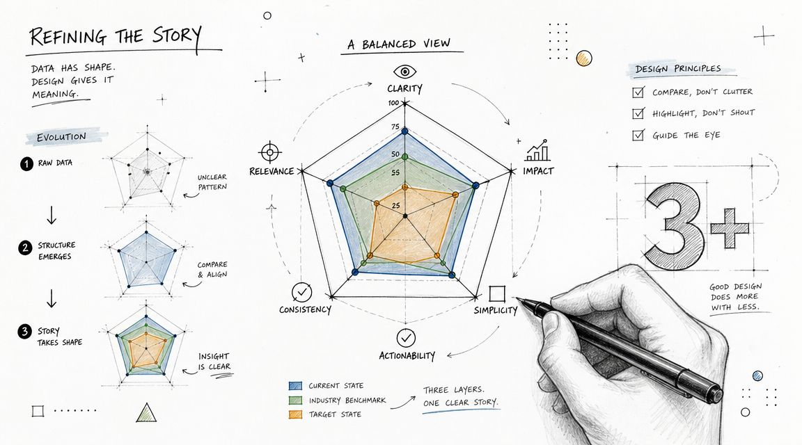 Un diagramma di Kiviat disegnato a mano che illustra le fasi di evoluzione dei dati in una storia.