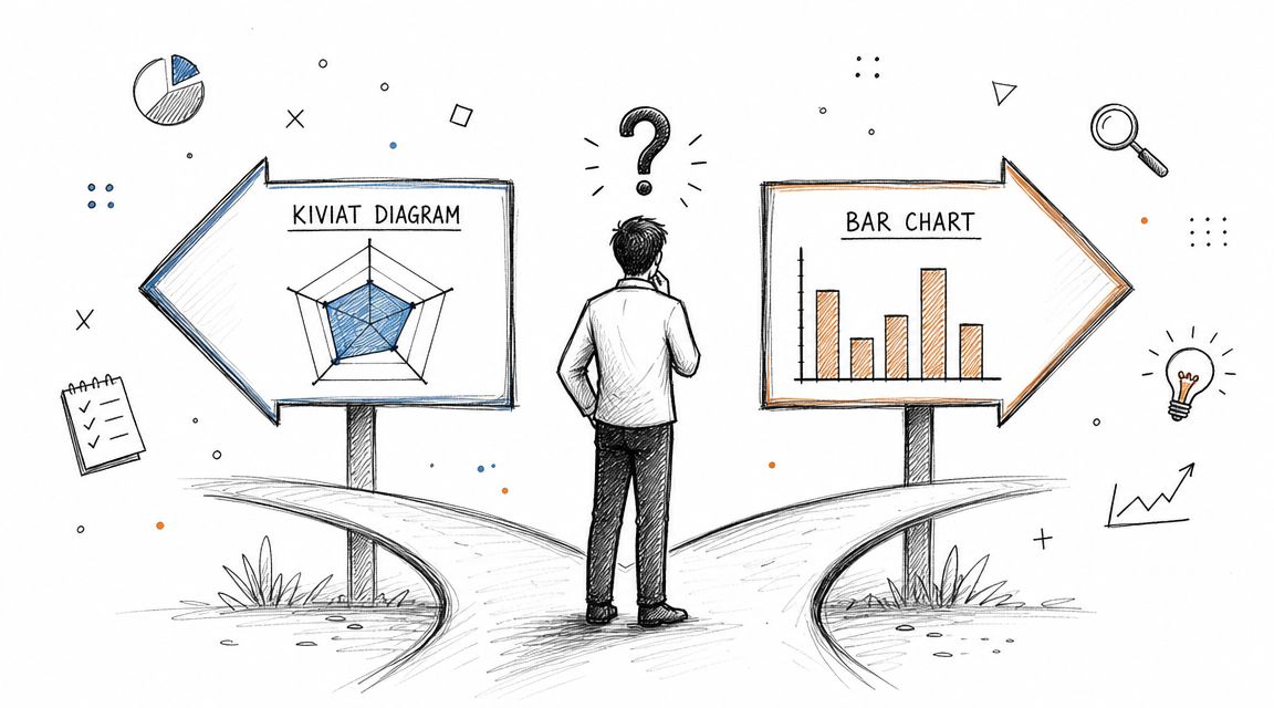 Una persona di fronte a un bivio sceglie tra un diagramma di Kiviat e un grafico a barre.