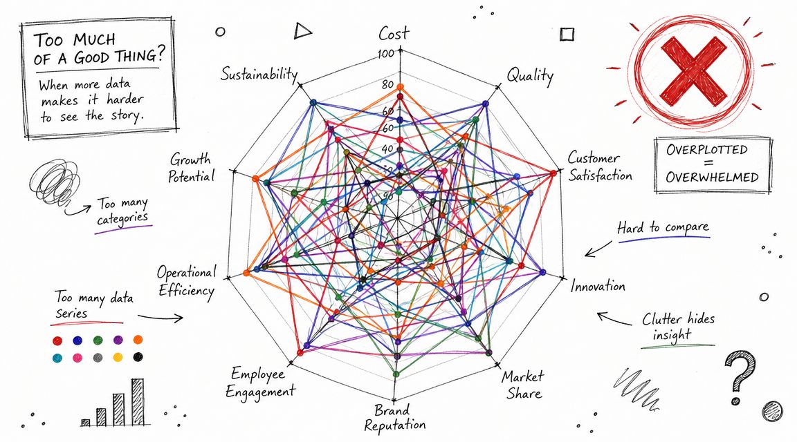 Un diagramma di Kiviat sovraffollato che mostra come l'eccesso di dati renda difficile l'analisi e la comprensione.