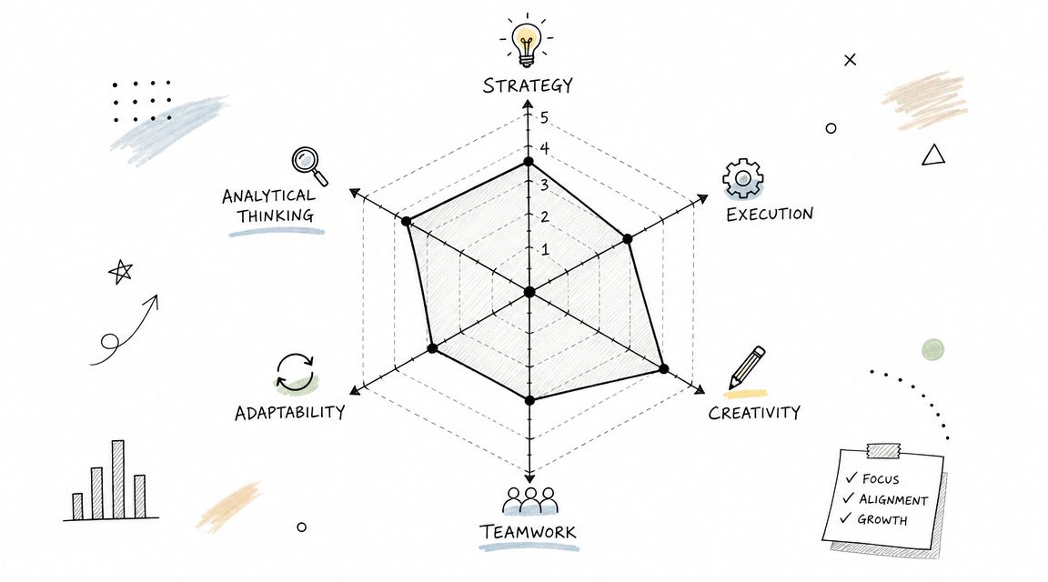 Un diagramma di Kiviat che illustra le competenze chiave come strategia, esecuzione, creatività, lavoro di squadra e adattabilità.