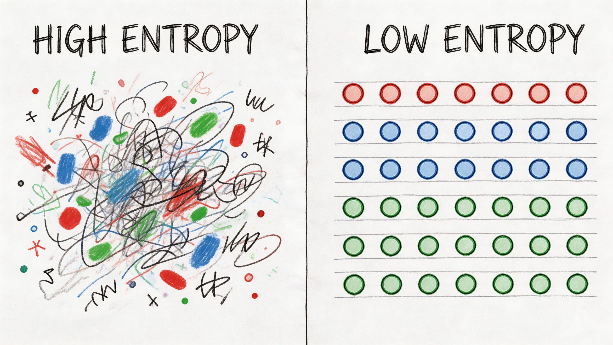 Confronto visivo tra un disegno caotico ad alta entropia e un ordine geometrico a bassa entropia.