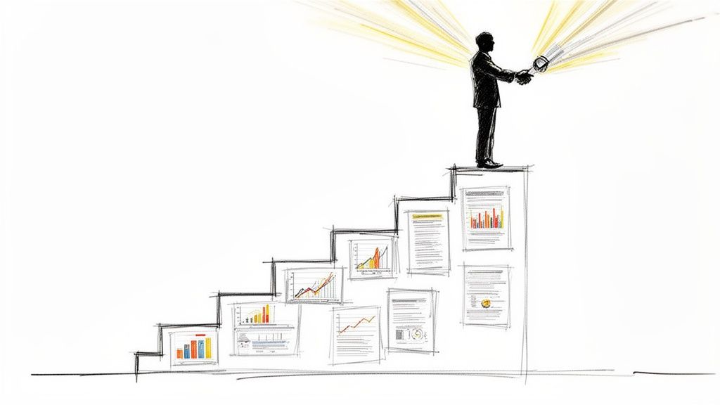 Uomo in silhouette su scala di documenti e grafici con lente d'ingrandimento luminosa, simboleggiando l'analisi dei dati e il successo.