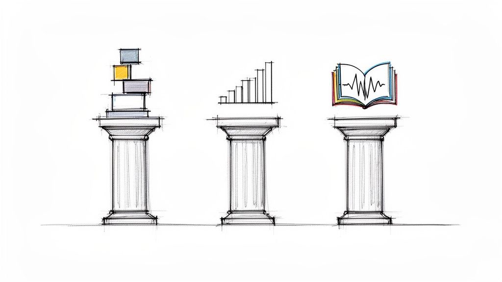 Illustrazione di tre pilastri che supportano dati, grafici e un libro, simboleggiando il data storytelling.