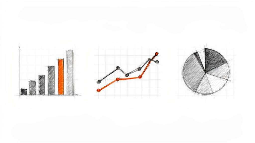 Un disegno di un grafico a barre, un grafico a linee e un grafico a torta su sfondo bianco, che mostra la visualizzazione dei dati.