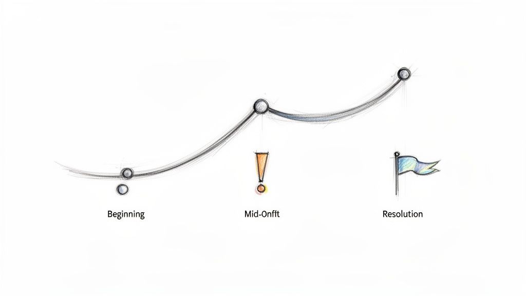 Curva di progressione illustrata con punti: Inizio, Momento chiave (con punto esclamativo) e Risoluzione (con bandiera).