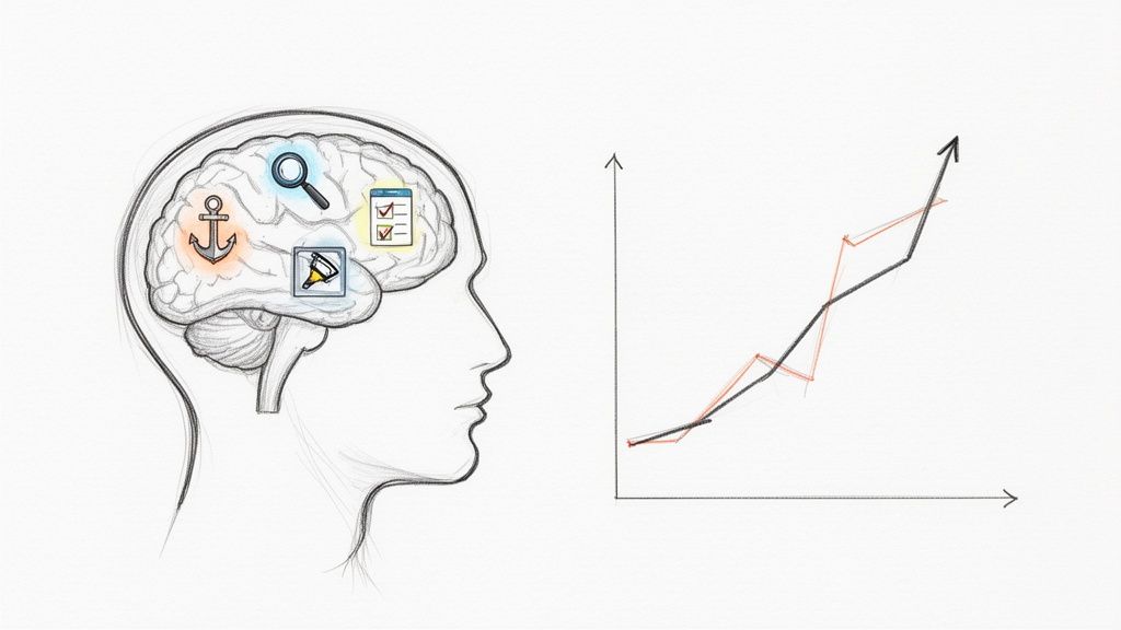 Disegno di una testa umana con cervello contenente icone (ancora, lente, megafono, lista) e grafico in crescita.