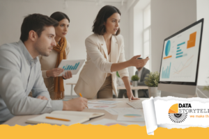 Professionista che esplora una dashboard Power BI con grafici e KPI su schermo, strumento di data storytelling aziendale.