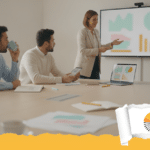 Professionista che guida l'attenzione del pubblico su una presentazione dati con contrasto visivo e messaggi chiari.