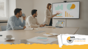 Professionista che guida l'attenzione del pubblico su una presentazione dati con contrasto visivo e messaggi chiari.