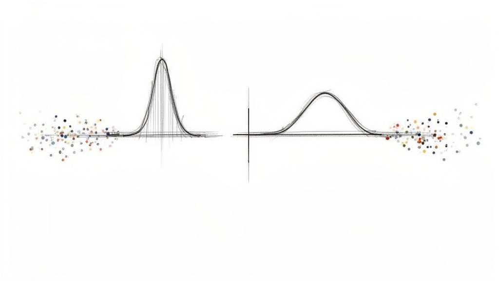 Due curve a campana stilizzate con punti colorati che si disperdono ai lati.
