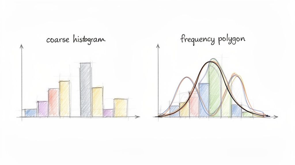 Due grafici a mano: un istogramma a barre colorate e un poligono di frequenza con curve sovrapposte, che mostrano distribuzioni di dati.