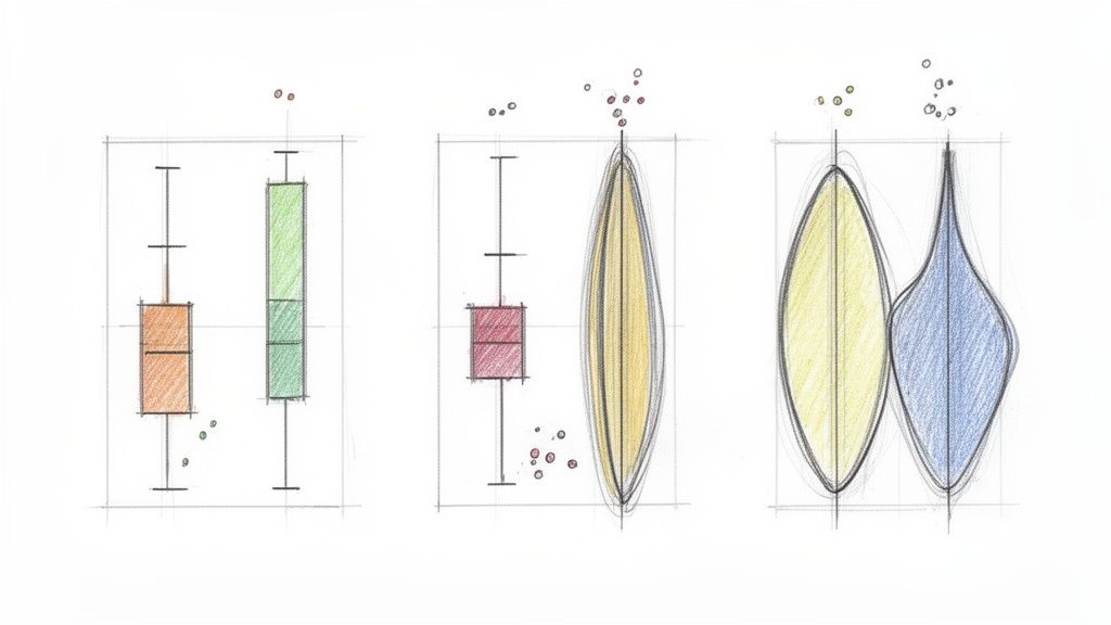 Grafici statistici disegnati a mano che mostrano diverse rappresentazioni di distribuzioni di dati.