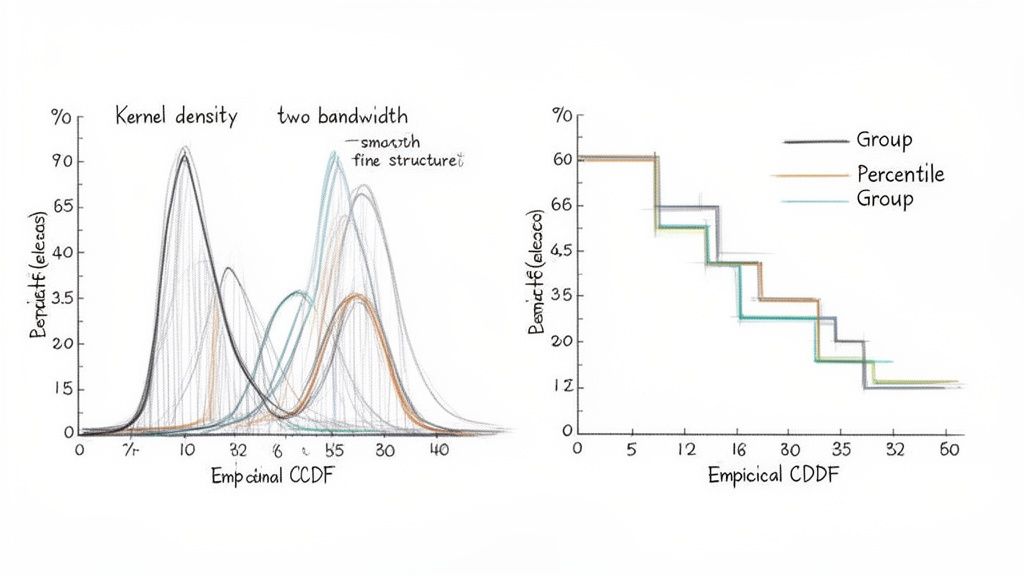 Due grafici statistici disegnati a mano mostrano distribuzioni di densit&agrave; del kernel e funzioni cumulative empiriche con dati di gruppo.