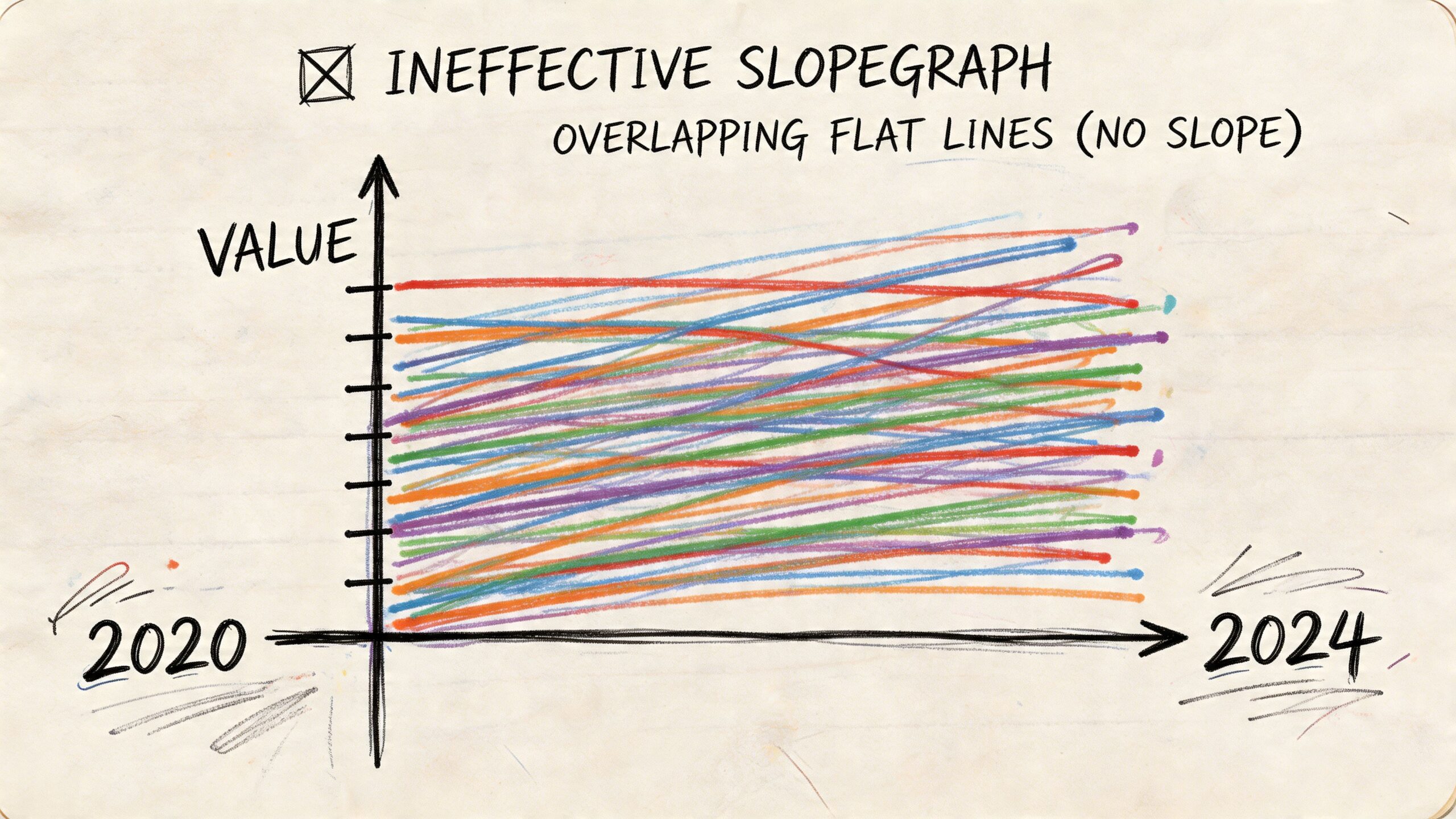 Esempio grafico di un slopegraph inefficace con molte linee sovrapposte che rendono difficile leggere i dati.