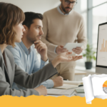Professionista che valuta strumenti data visualization su una scrivania concettuale con grafici e schermi multipli