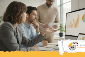 Professionista che valuta strumenti data visualization su una scrivania concettuale con grafici e schermi multipli