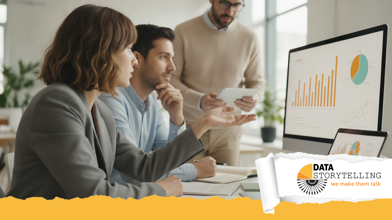 Professionista che valuta strumenti data visualization su una scrivania concettuale con grafici e schermi multipli
