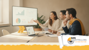 Professionista che struttura una narrazione dei dati su una lavagna con grafici e frecce narrative, tecniche di narrazione applicate ai dati