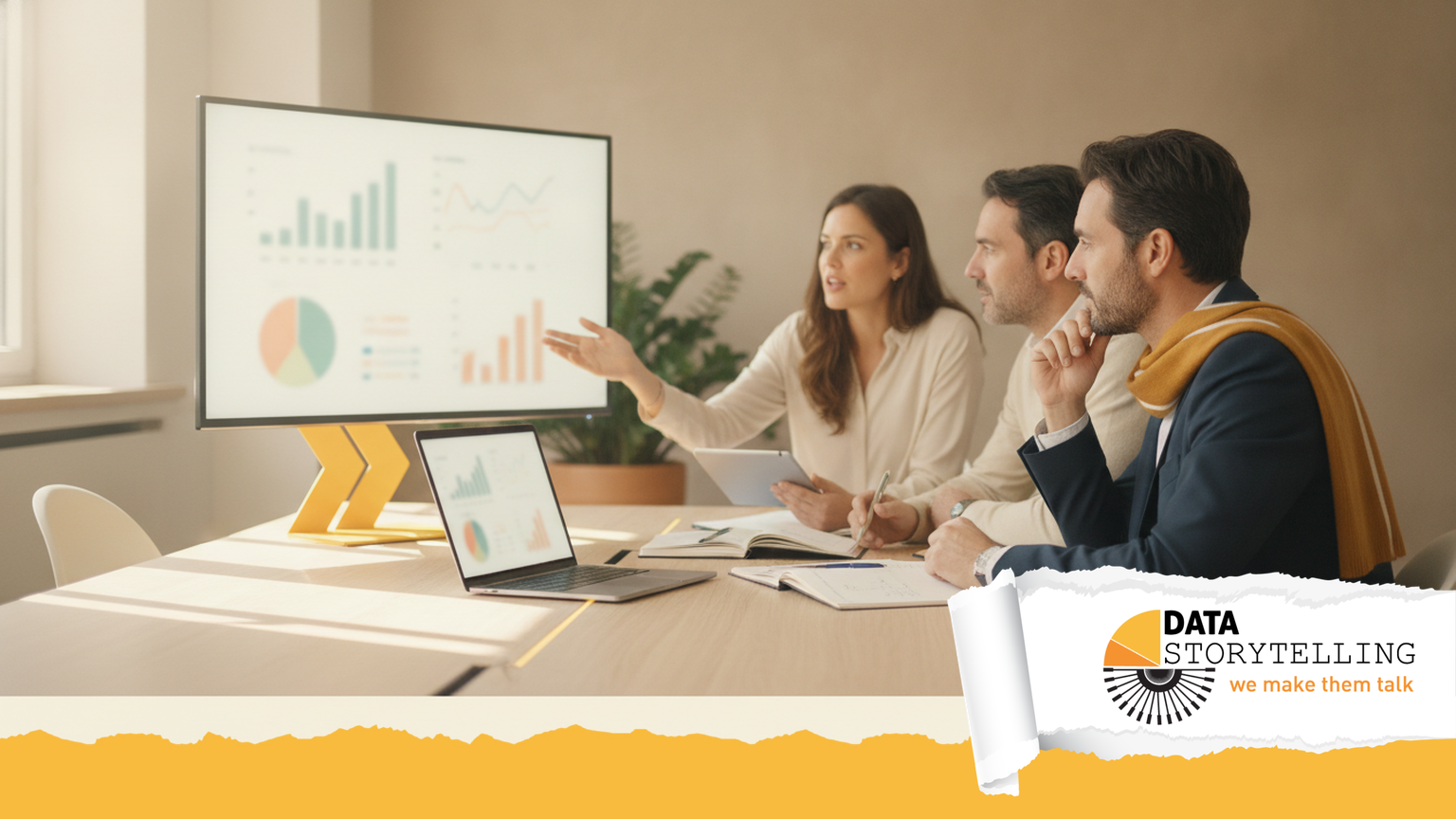 Professionista che struttura una narrazione dei dati su una lavagna con grafici e frecce narrative, tecniche di narrazione applicate ai dati