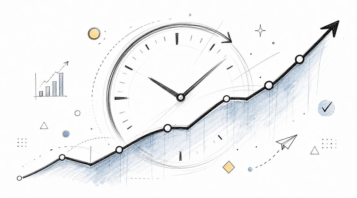 Un disegno stilizzato che mostra un orologio sullo sfondo con una linea di crescita in primo piano.