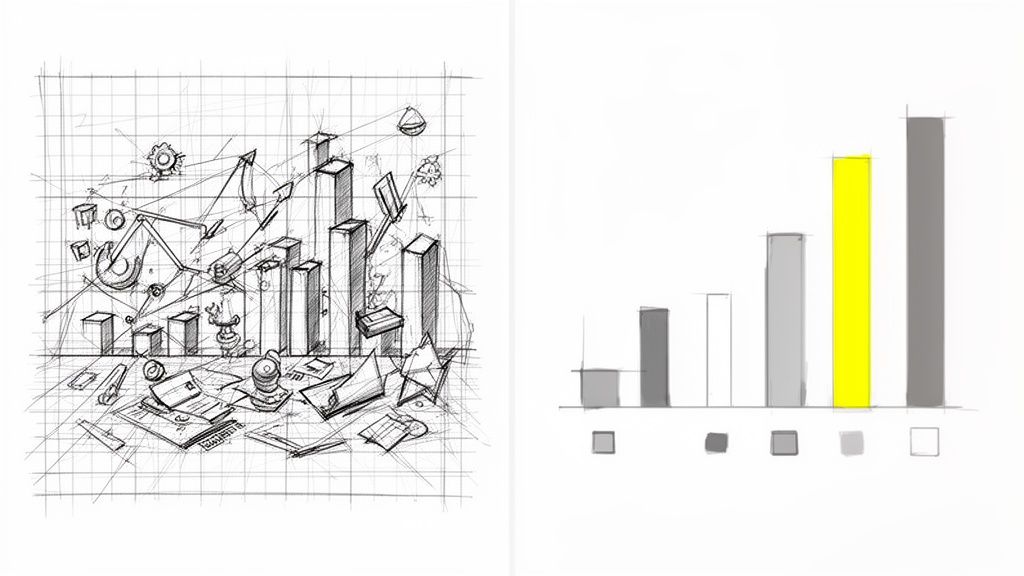 Due grafici a barre stilizzati, uno dettagliato in bianco e nero e uno colorato con un'enfasi gialla, che rappresentano dati.