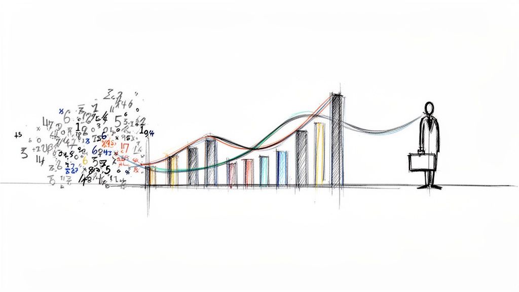 Un disegno che mostra numeri complessi che si trasformano in grafici a barre e linee, collegati a un uomo d'affari.