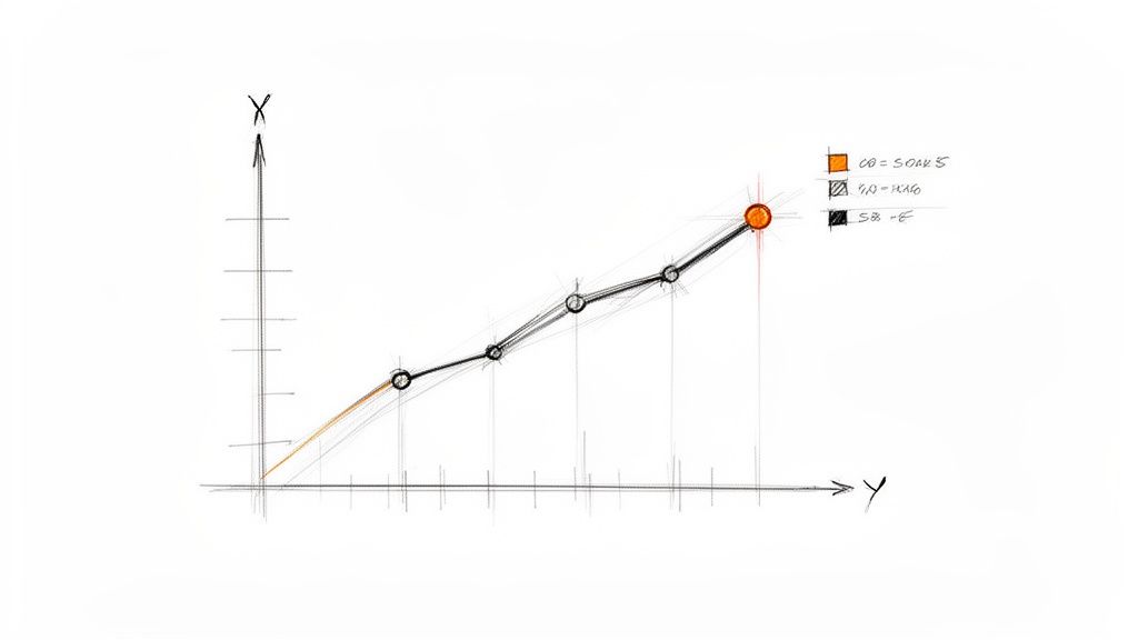 Schizzo di un grafico a linee disegnato a mano con una tendenza crescente e una legenda.